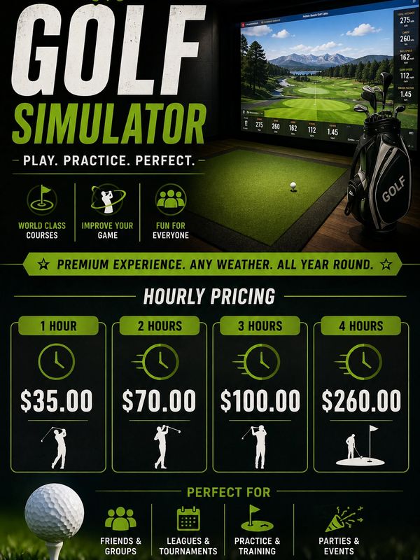 Golf simulator hourly pricing and features.