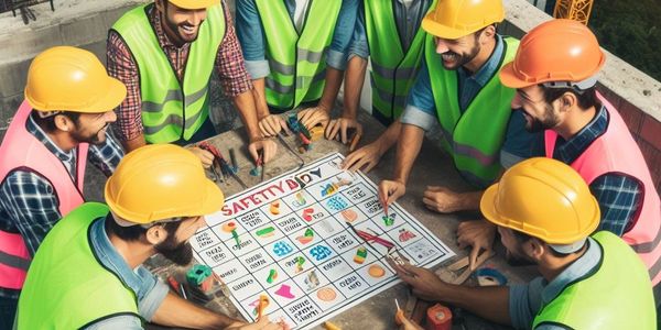 Construction workers in safety gear planning with a safety day board.
