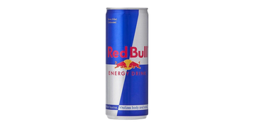 A sleek and slender can of Red Bull energy drink on a white background. The iconic Red Bull logo is 