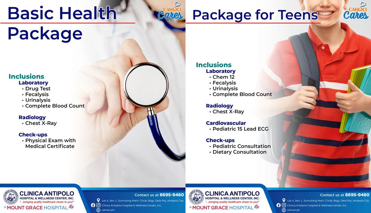 Basic health and teen packages offered by Clinica Antipolo with various lab tests and check-ups.
