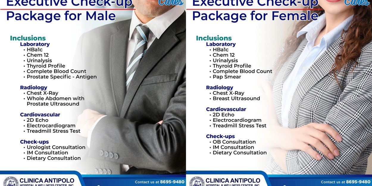 Executive health check-up packages for male and female with detailed inclusions.