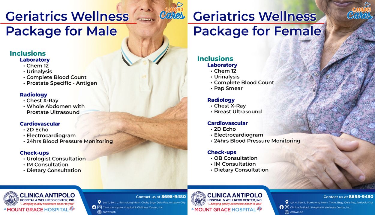 Geriatrics wellness packages for male and female with detailed medical tests and consultations.