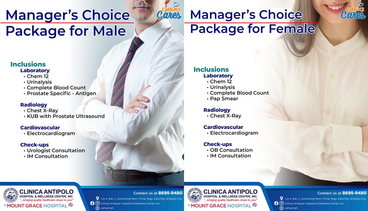 Manager's Choice health packages for male and female with specific medical tests and consultations.