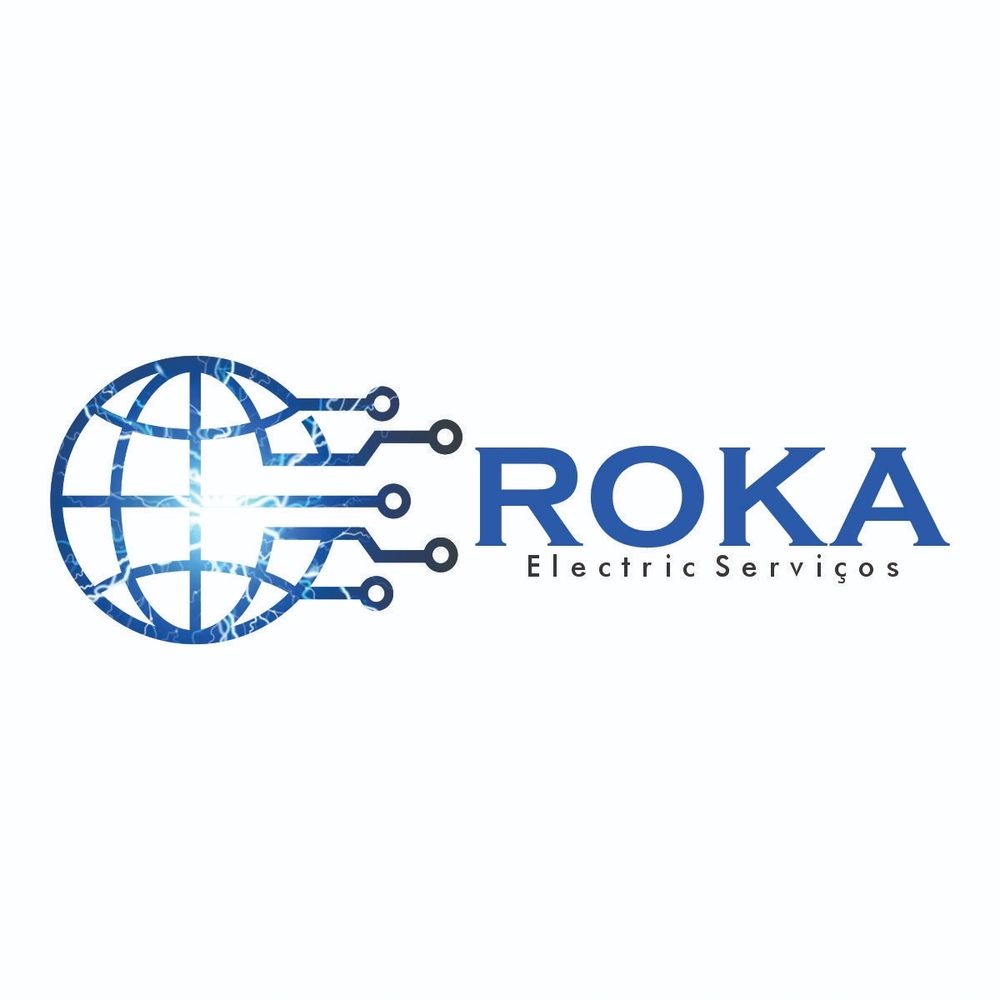 Blue globe with electric circuit lines and text 'ROKA Electric Serviços' logo.