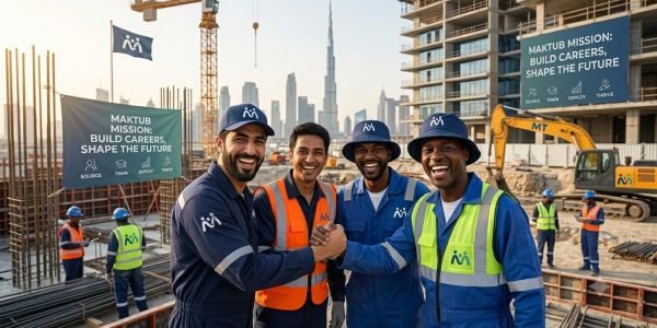 Four construction workers smiling and shaking hands on a site with Dubai skyline.