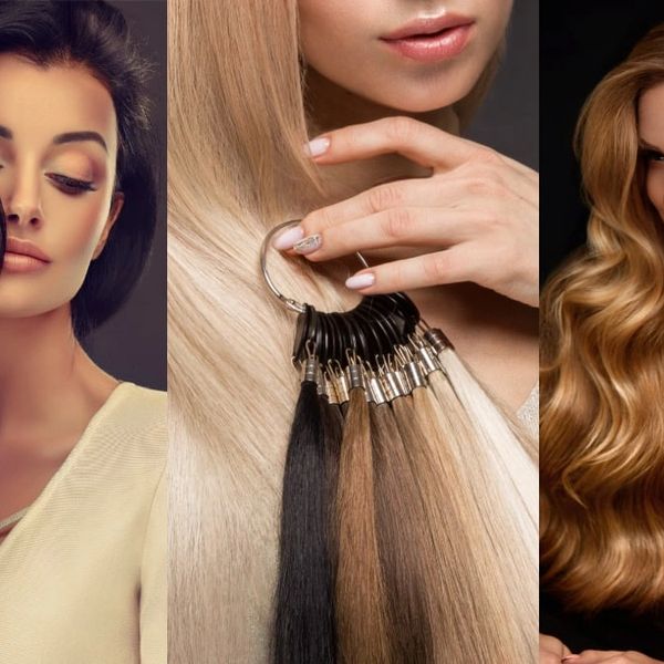Three images showcasing women with different hair colors and hair extensions.