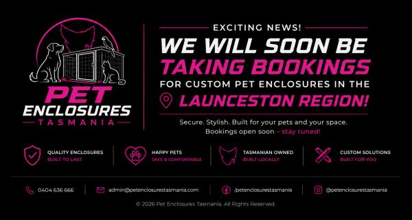 Announcement for custom pet enclosure bookings in Launceston, Tasmania.