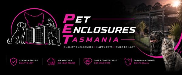 Pet Enclosures Tasmania logo with pets and enclosure images.