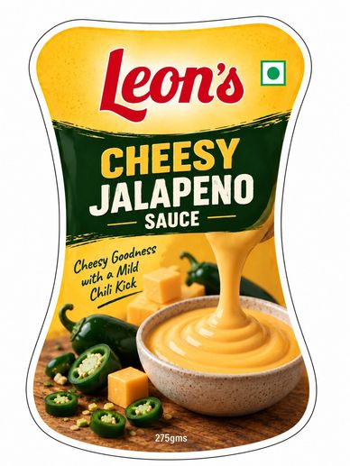 Leon's Cheesy Jalapeno Sauce bottle with cheese and jalapenos.