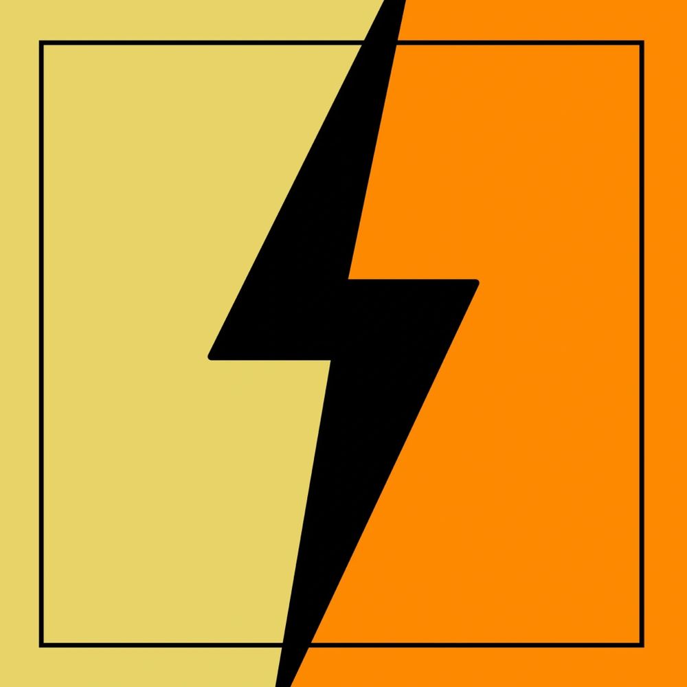 Black lightning bolt symbol on a split yellow and orange background.
