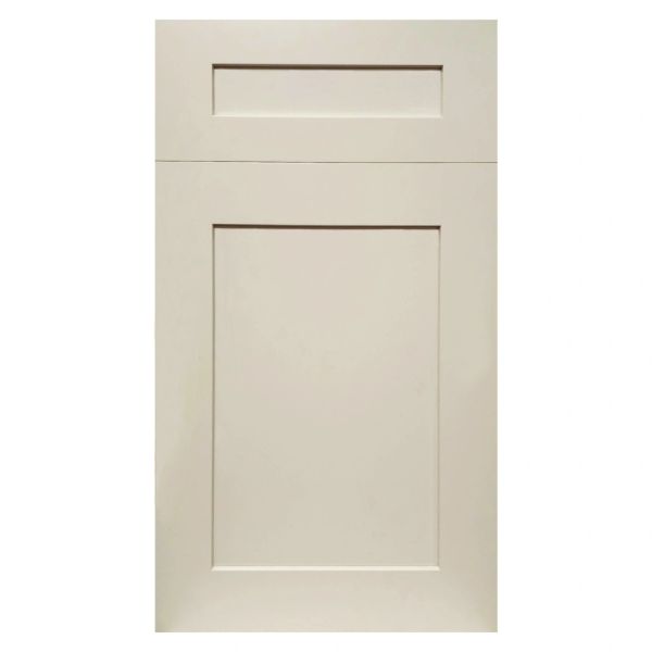 Beige shaker-style cabinet door with recessed panels.