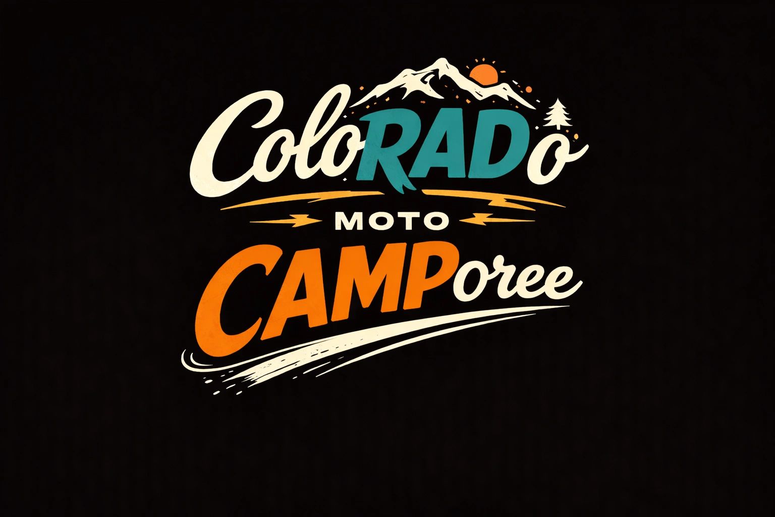 Colorful logo for Colorado Moto Camporee with mountain and sun illustration.