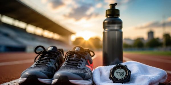 Running shoes, stopwatch, towel, and water bottle on a track at sunrise.