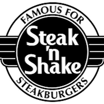 Black and white Steak 'n Shake logo with wings and text.