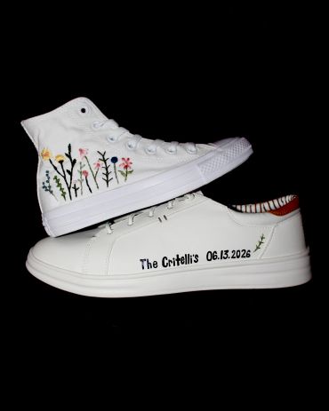 Custom white sneakers with floral designs and personalized text.
