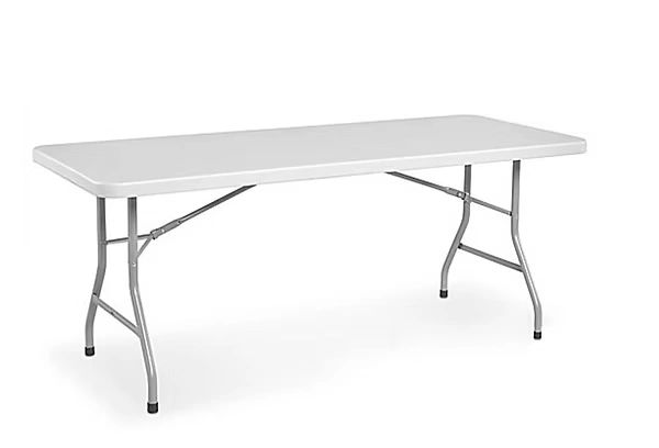 White folding table with metal legs for versatile use.
