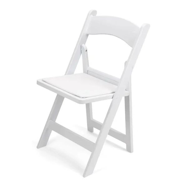 Simple white folding chair with a padded seat.