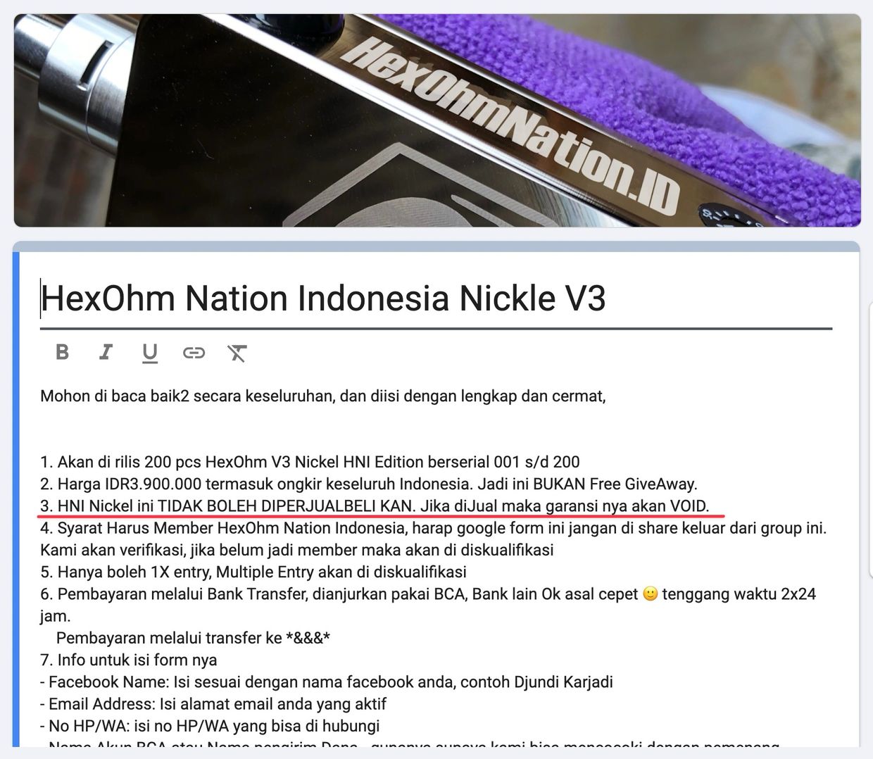 Announcement about HexOhm Nation Indonesia Nickle V3 with purchase and resale conditions.