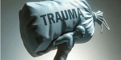 A figure carrying a huge bag labeled 'TRAUMA' on its back, symbolizing emotional burden.