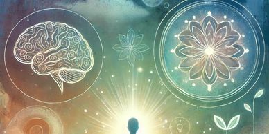 Silhouette meditating with glowing mind and spiritual symbols around.