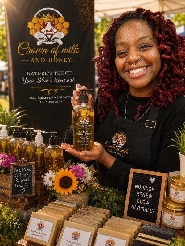 Smiling woman showcasing Crown of Milk and Honey skincare products at a market booth.