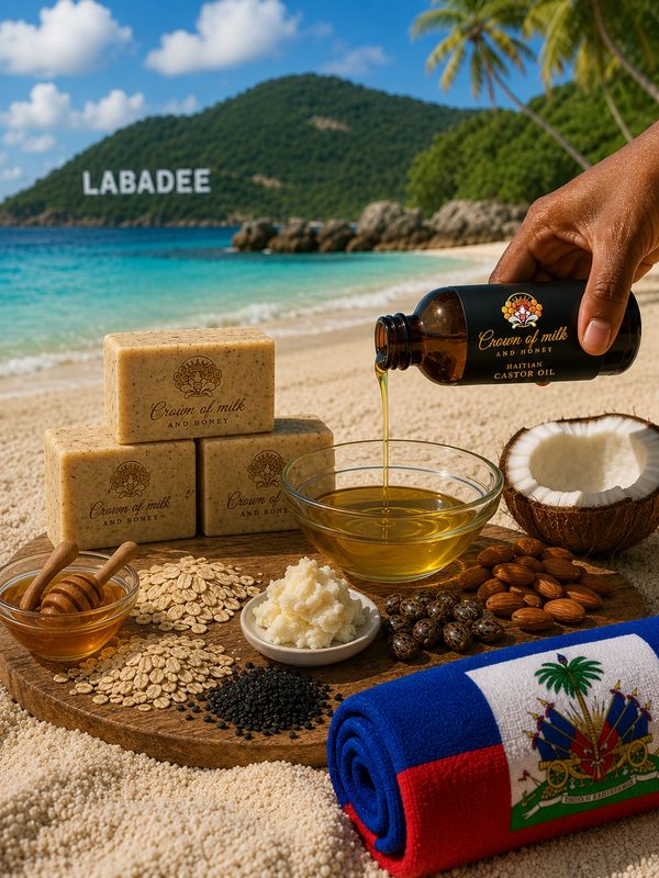 Natural skincare products displayed on a tropical beach with Labadee in the background.