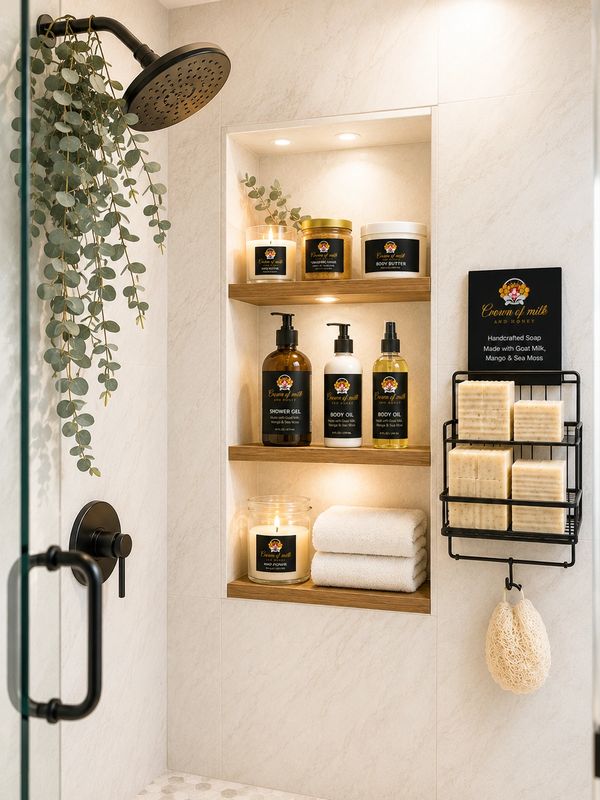 Organized shower nook with skincare products, candles, and natural decor.