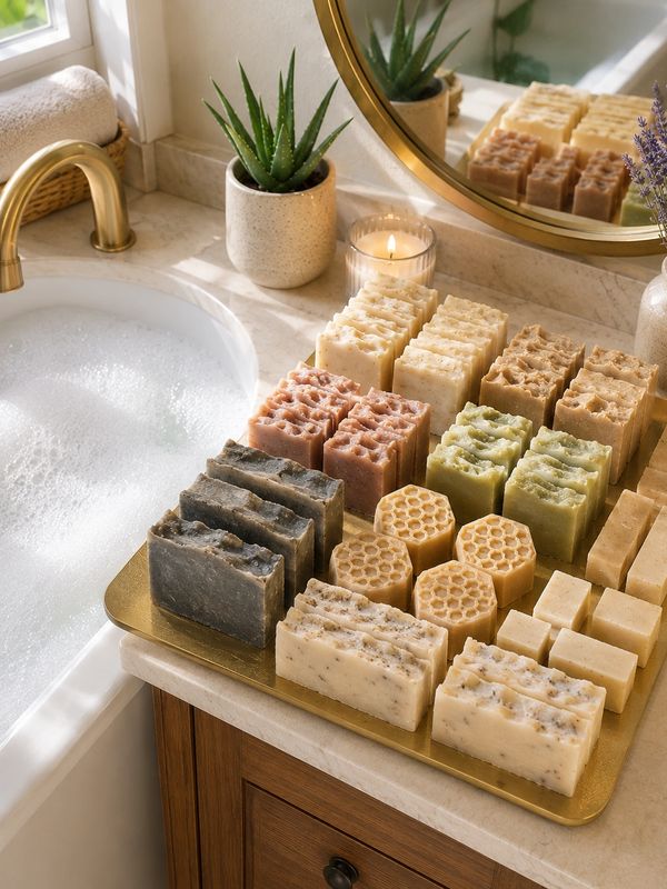 Assorted handmade soaps displayed on a tray by a bathtub with plants and a candle.