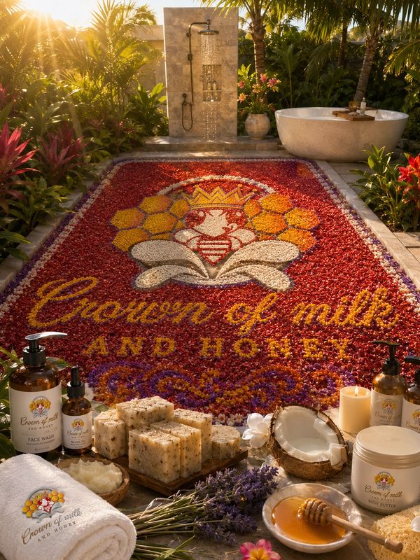Outdoor spa setup with floral art and skincare products.