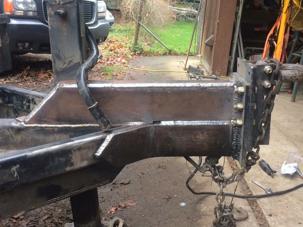 An example of reinforcing the tongue of an equipment trailer.