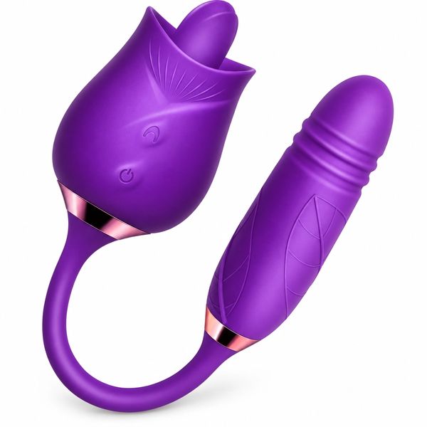 Purple silicone dual vibrator with rose shape and ridged features.