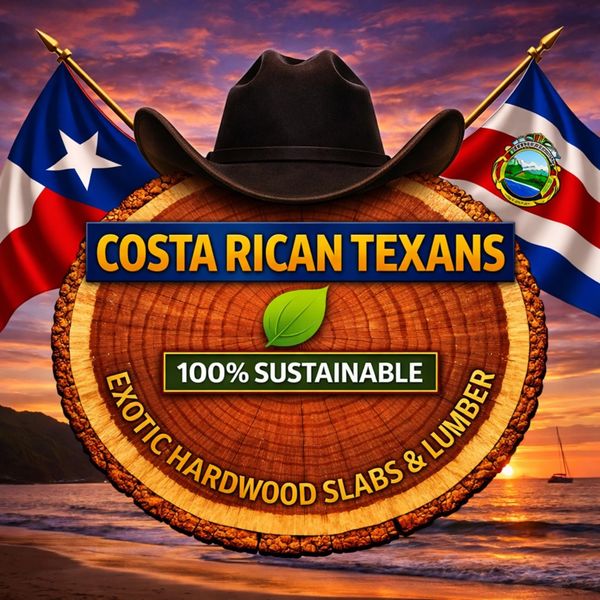 Logo for Costa Rican Texans featuring sustainable exotic hardwood slabs and lumber with Texas and Costa Rican flags.