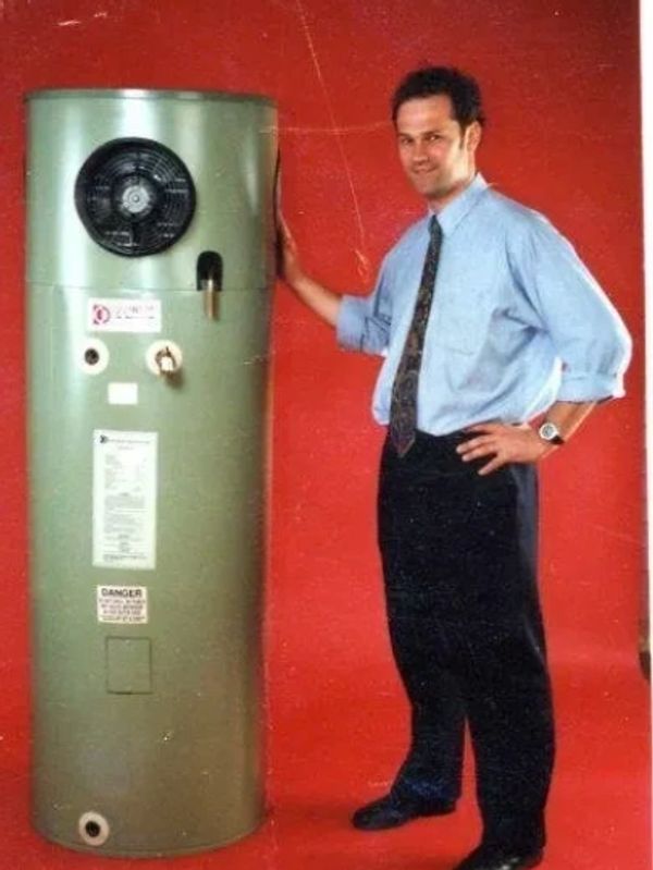 Michael Siddons with the first All In ONe Heat Pump Water Heater.