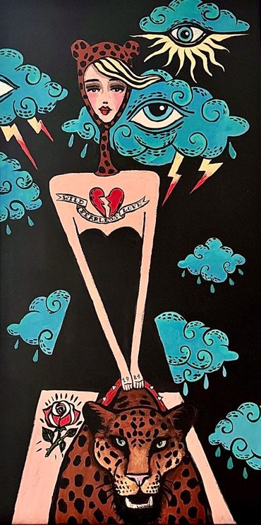 Old school tattoo leopard wild fearless love animal women clouds