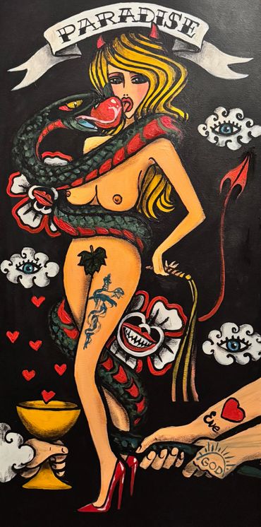 Adam eve paradise beast clouds seduction devil old school tattoo wild 