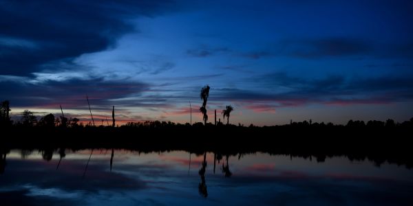 Sunset reflected on a calm lake with silhouetted trees.