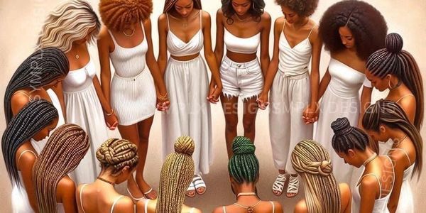 A circle of diverse women in white outfits holding hands in unity.