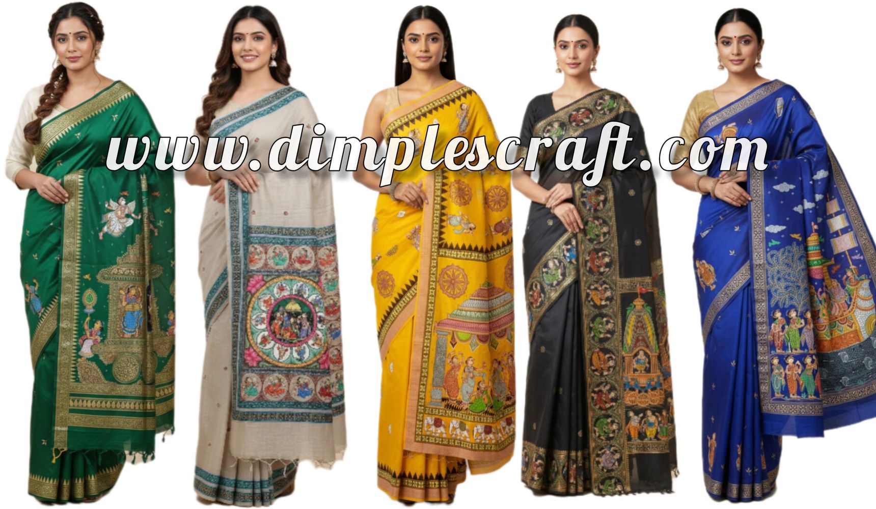 Five women in colorful traditional sarees with intricate designs.