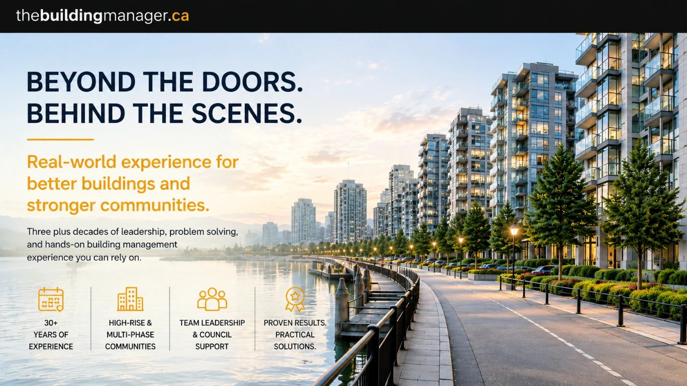 Image promoting building management services with city waterfront view.