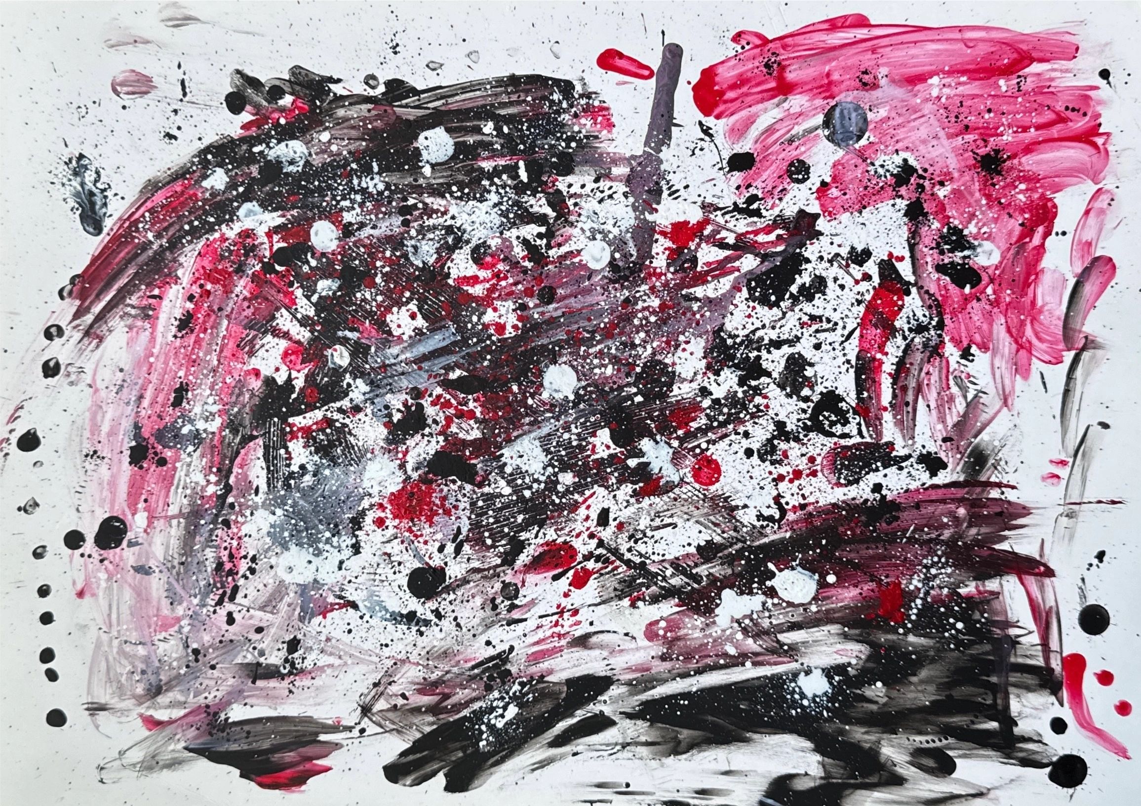 Abstract expressionist painting with red, black, and white splatters and brush strokes.