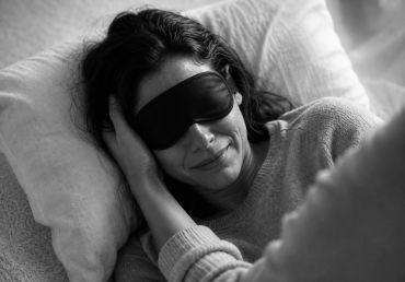 Woman resting with sleep mask in bed.