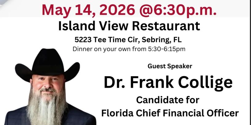 Event flyer for Dr. Frank Collige speaking at Island View Restaurant on May 14, 2026.