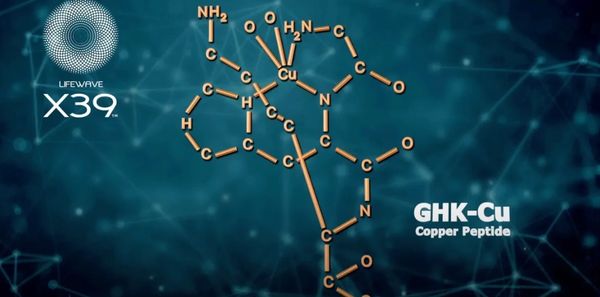 Molecular structure of GHK-Cu copper peptide on a digital background.