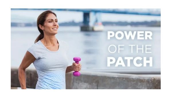 Woman exercising outdoors with a pink dumbbell and text about patch power.