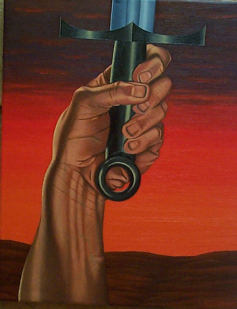 A hand grips a sword against a fiery red and dark sky.