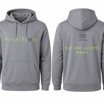 Gray hoodie with neon yellow text and logo on front and back.