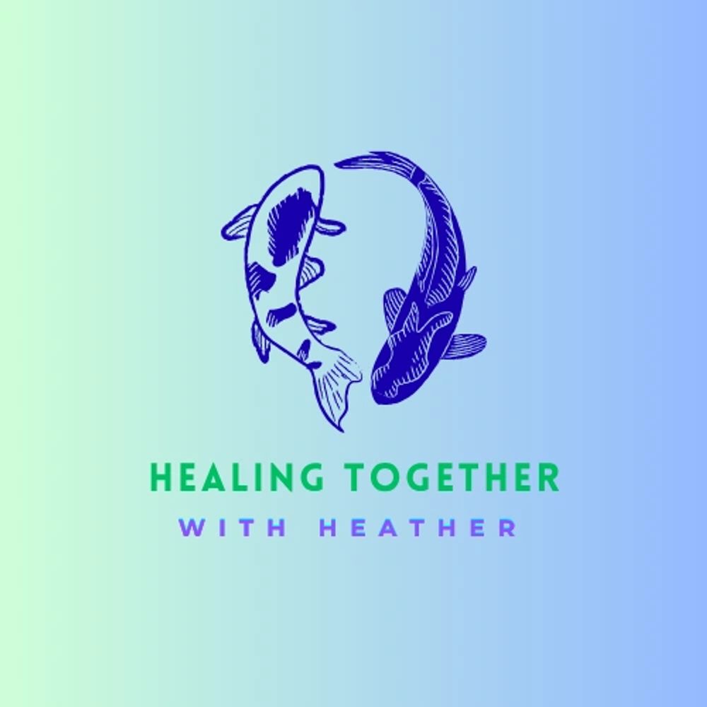Logo with two koi fish and text 'Healing Together with Heather' on a blue-green gradient background.