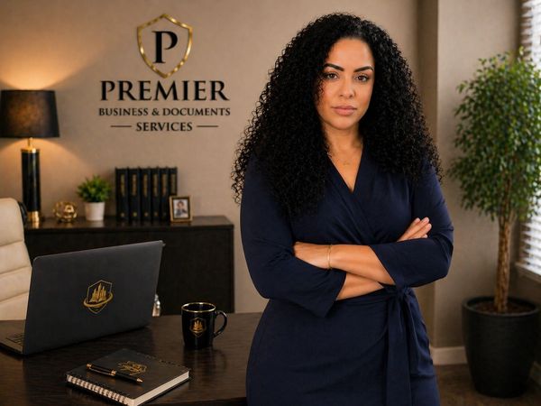 Confident woman stands in a professional office setting with Premier Business &amp; Documents Services branding.