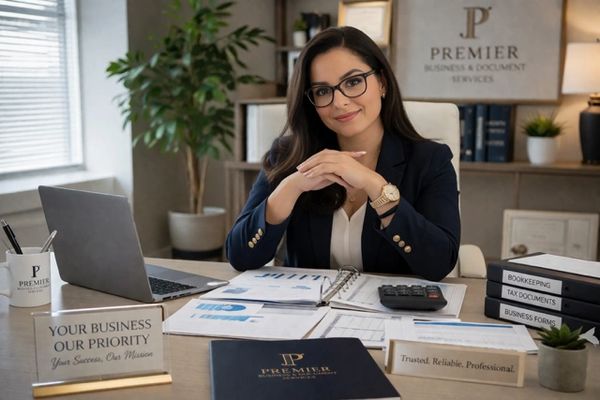Professional woman in office with business documents and laptop, smiling confidently.
