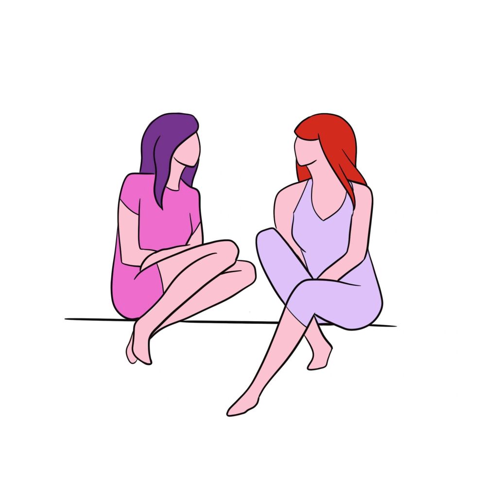 Two faceless women sitting and looking at each other.